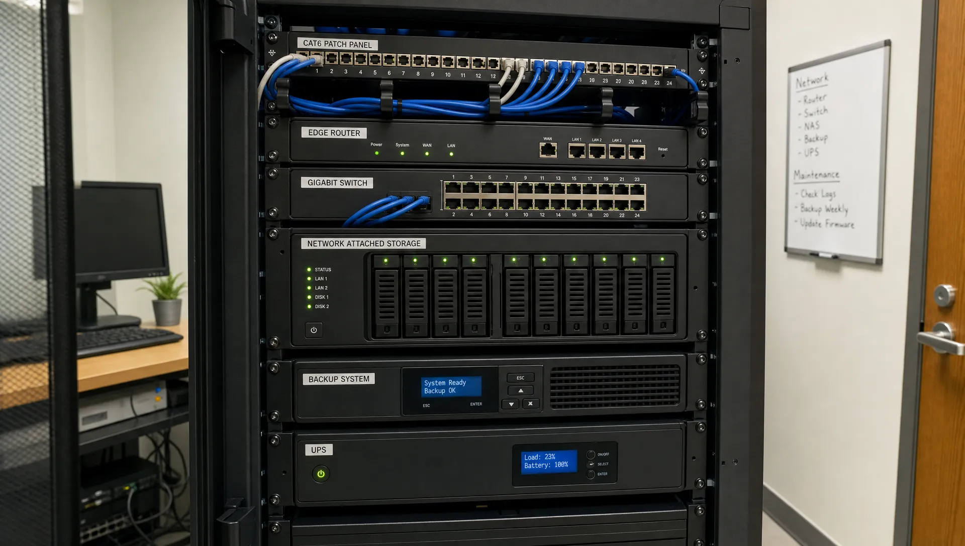 A small business server rack with labeled network equipment, backup storage devices, and status lights in a clean IT room.