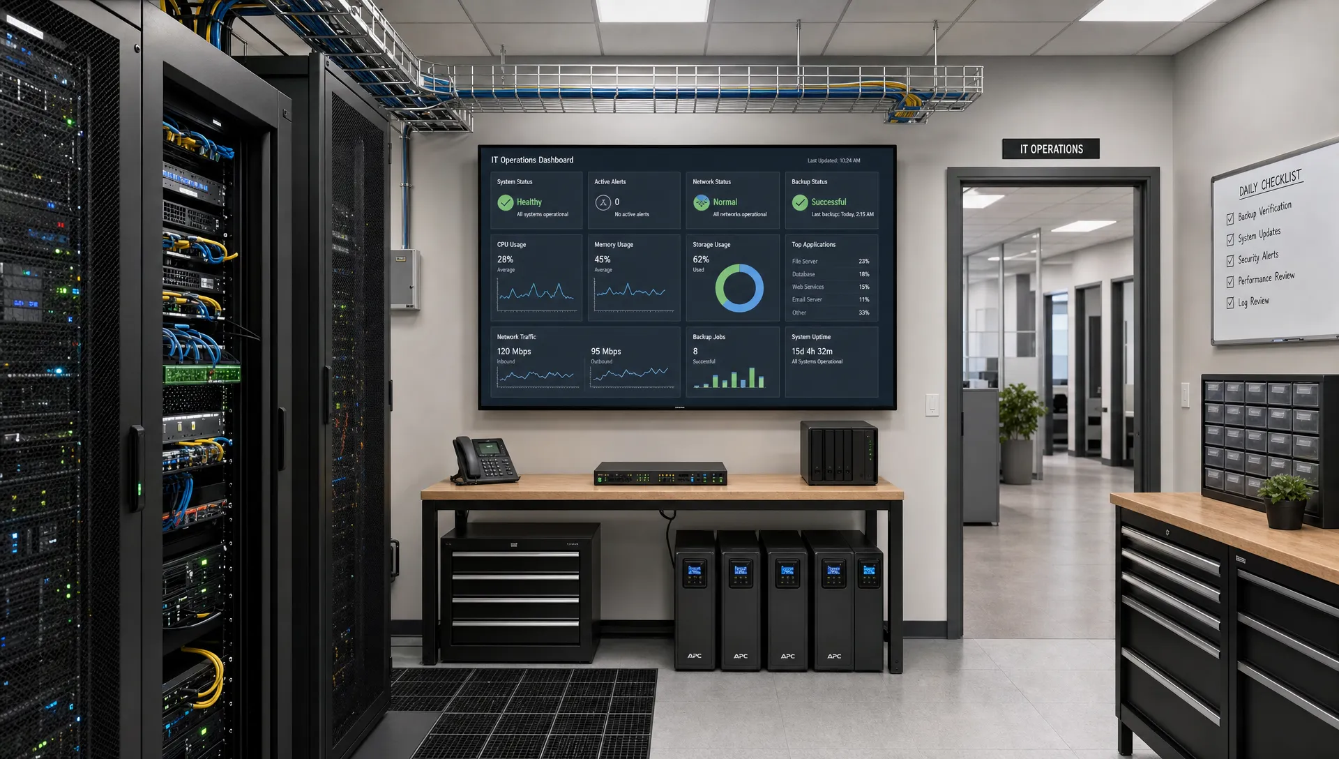 A small business IT operations room shows network racks, backup storage, and a monitoring dashboard for business continuity.