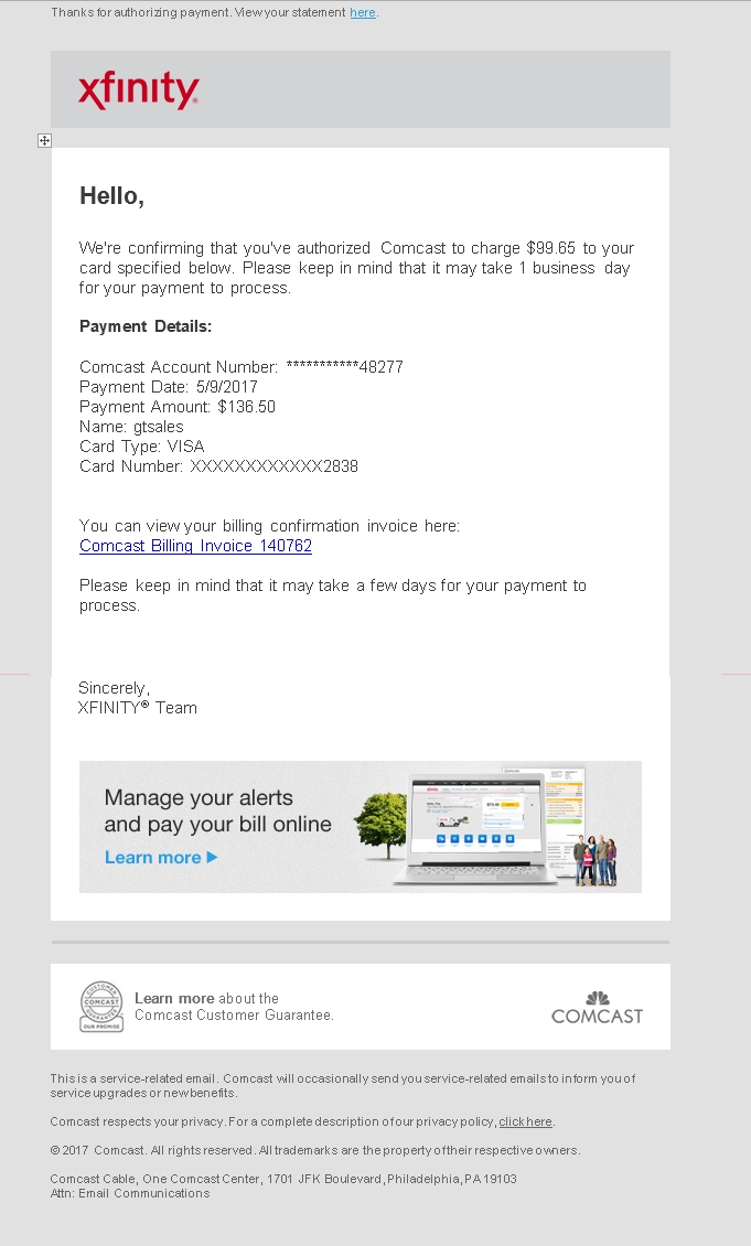 Alert – Comcast/Xfinity Phishing Email Scam